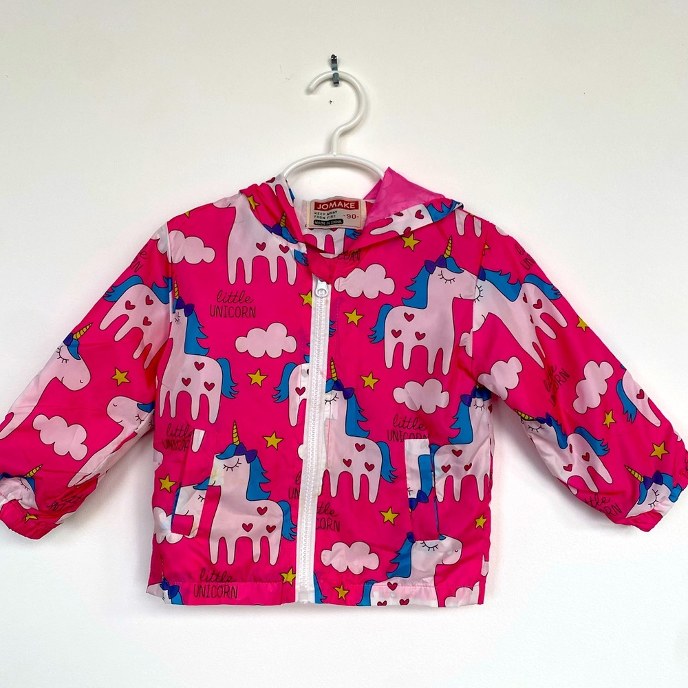 Pink unicorn windbreaker/rain jacket. Zip front w/ pockets & hood. Size 2T.